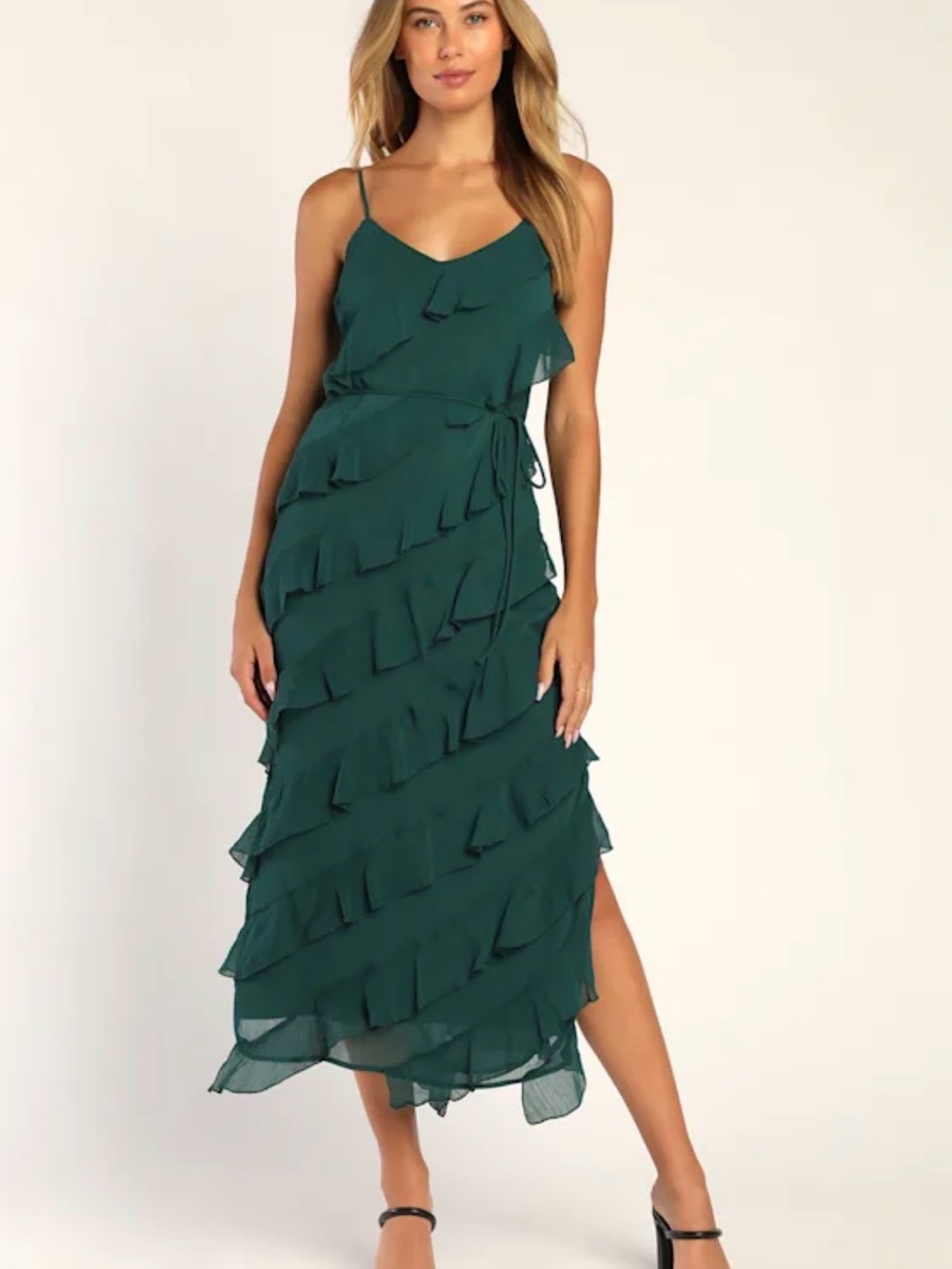 Lulu's Teal Ruffled Maxi Slip Dress